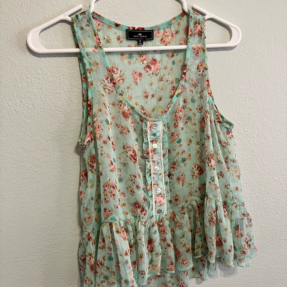 Iris Basic Mint Floral Ruffle Camisole With High Front And Low Back - Picture 1 of 1